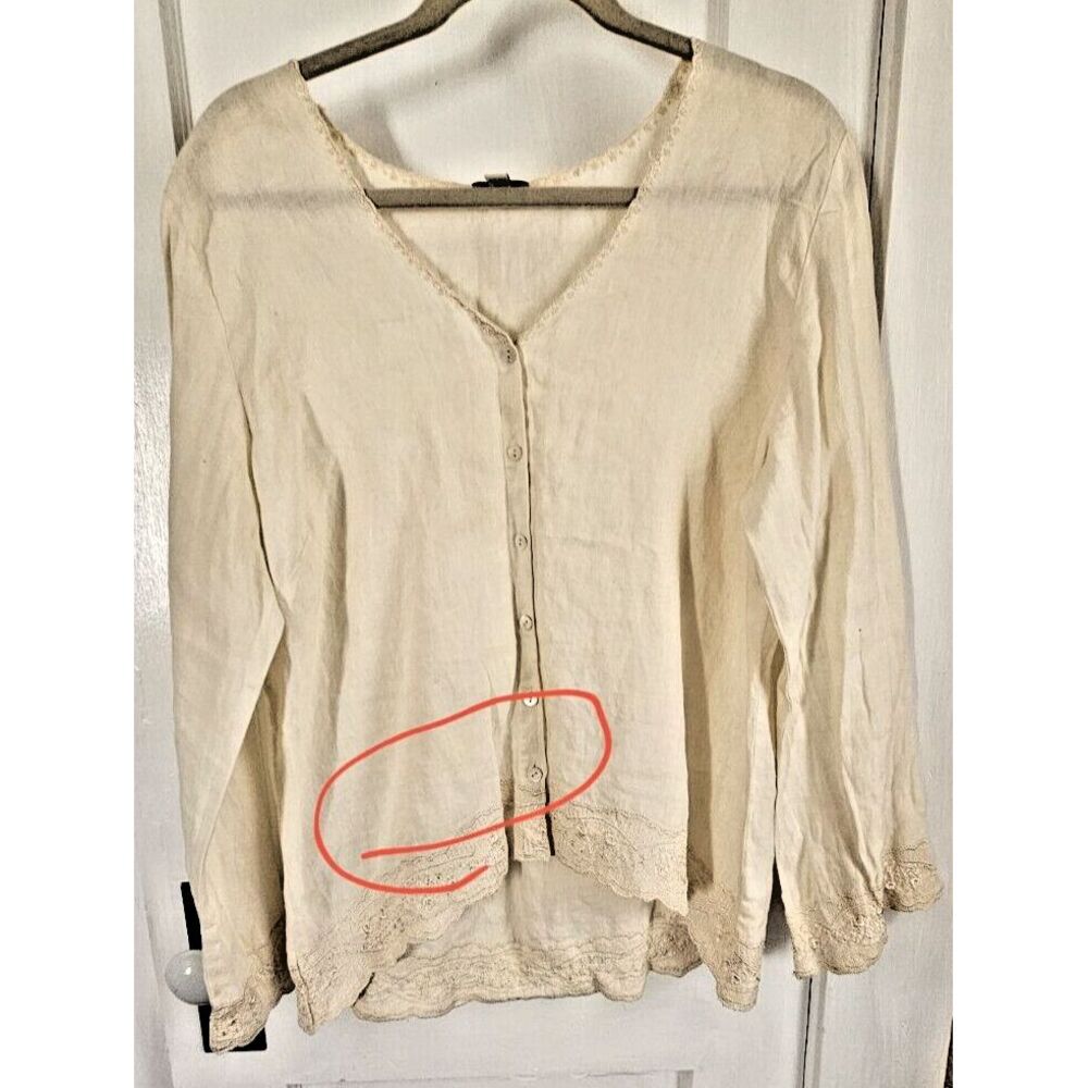 Vintage J.JILL beige embroidered button down high low‎ boho top 100% LINEN Sz L